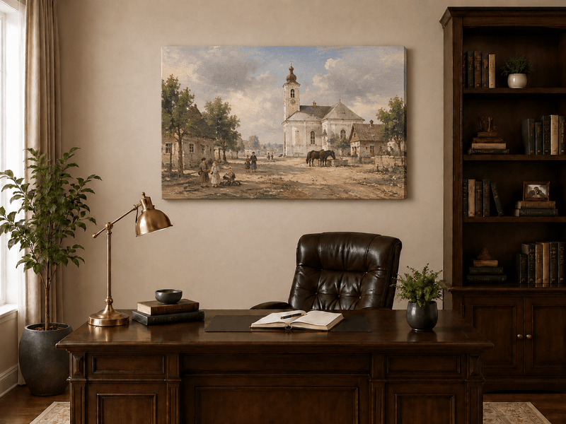Pintura al óleo de paisaje - Plaza de pueblo rural