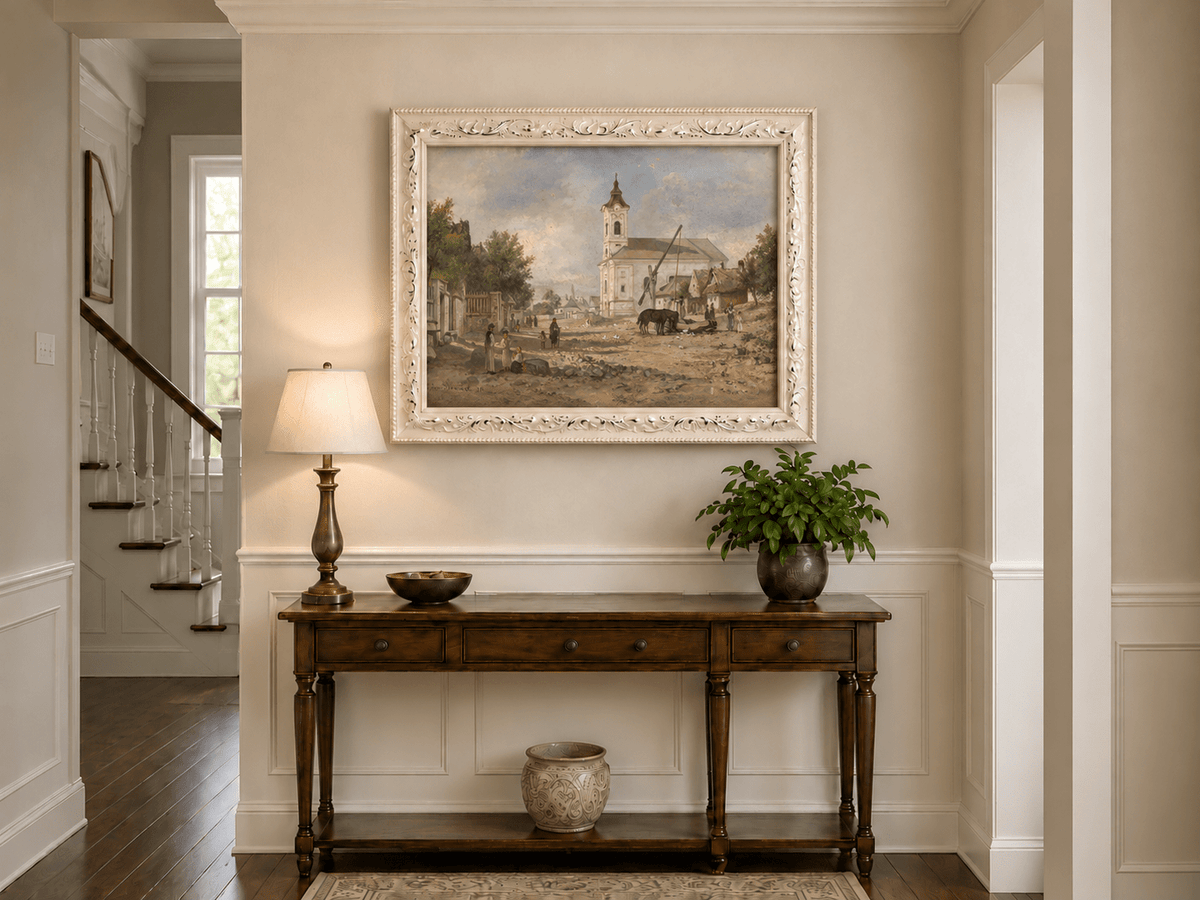 Pintura al óleo de paisaje - Plaza de pueblo rural