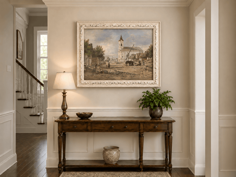 Pintura al óleo de paisaje - Plaza de pueblo rural