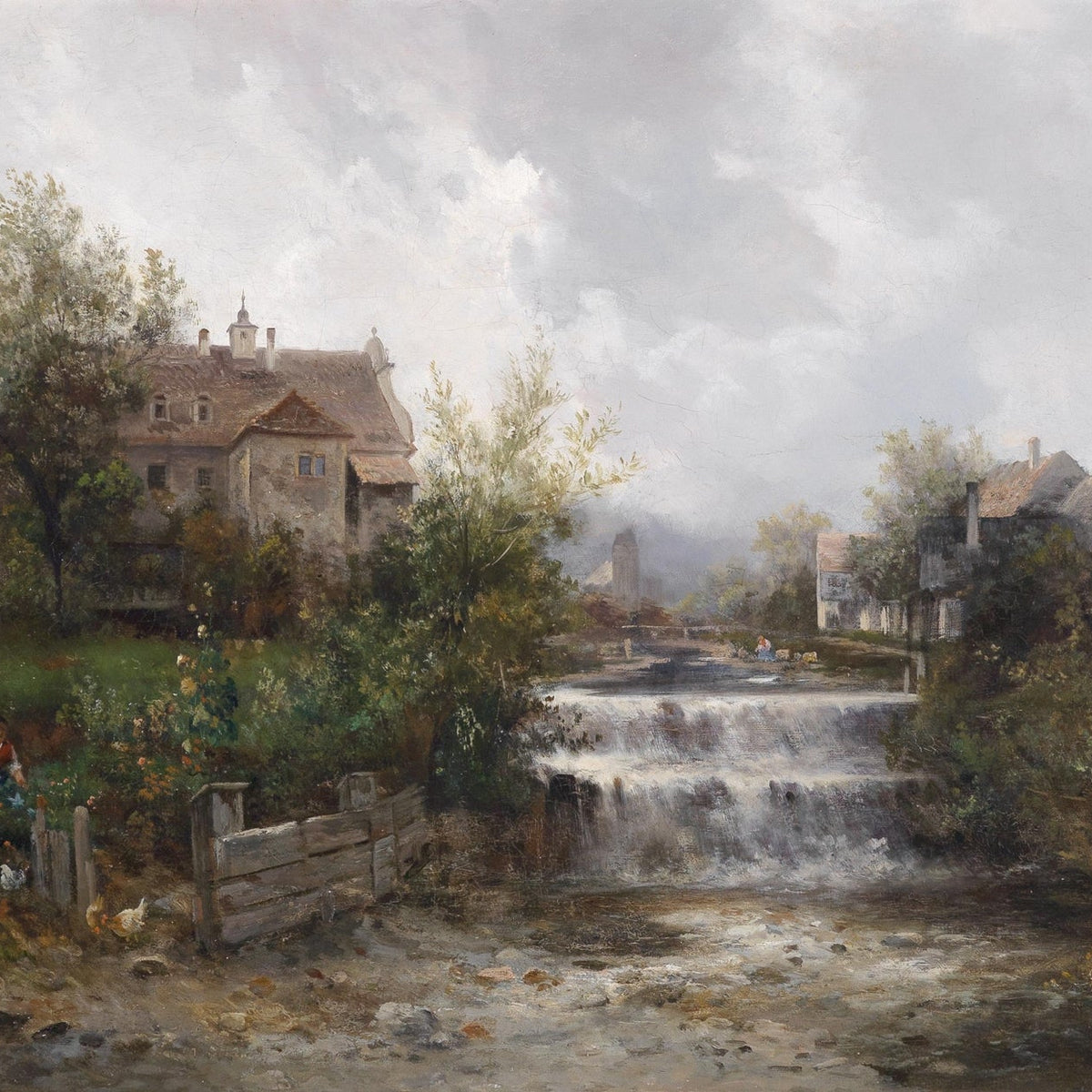 Landscape Oil Painting - Rural Village, Stream Waterfall & Stone Cottages - Oil Painting Haven