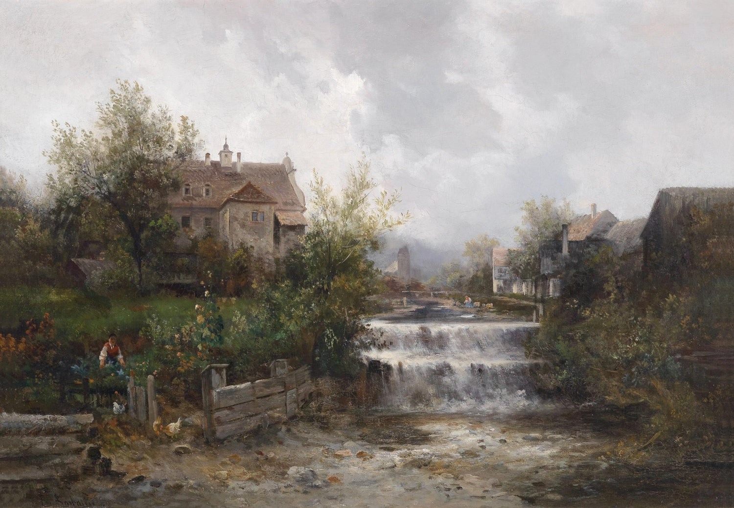 Landscape Oil Painting - Rural Village, Stream Waterfall & Stone Cottages - Oil Painting Haven