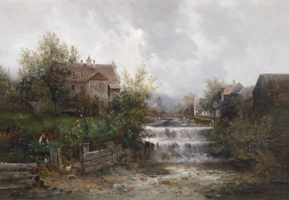 Landscape Oil Painting - Rural Village, Stream Waterfall & Stone Cottages - Oil Painting Haven