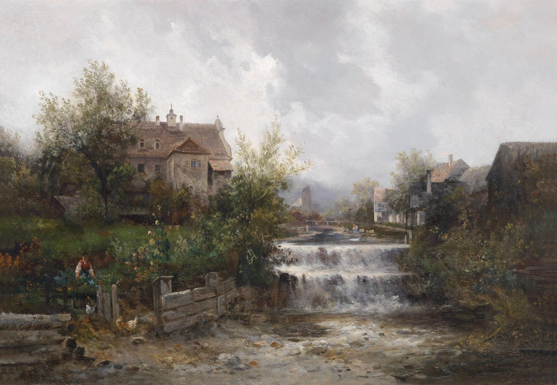 Landscape Oil Painting - Rural Village, Stream Waterfall & Stone Cottages - Oil Painting Haven