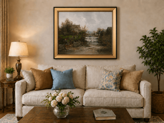 Rural village with stream, waterfall and stone cottages landscape oil painting displayed in a styled home interior.