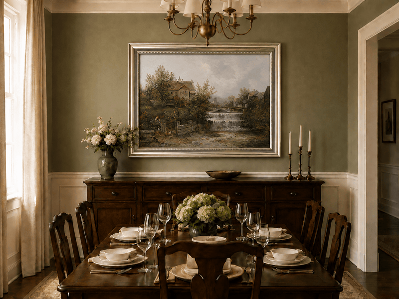 Rural village stream and waterfall oil landscape artwork shown in a styled home interior.