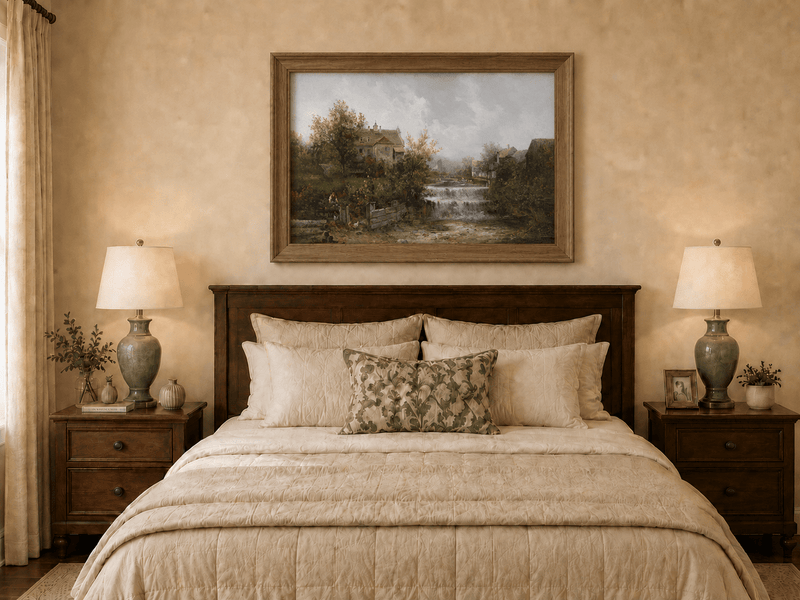 Hand-painted rural village with stone cottages artwork displayed as decorative wall art.