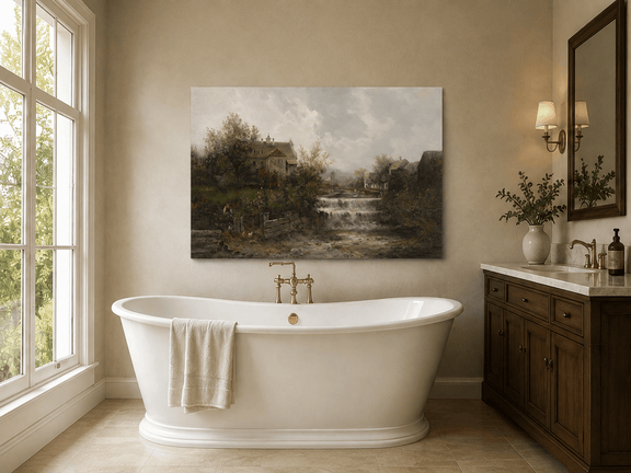 Rural village with stream, waterfall and stone cottages landscape oil painting presented as styled home decor.