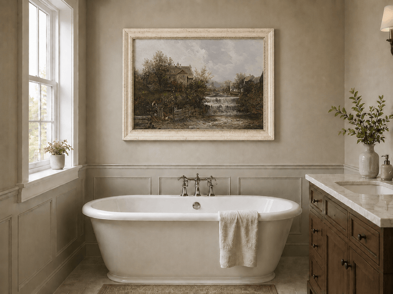 Rural village with waterfall and stone cottages landscape oil painting presented as interior home decor.