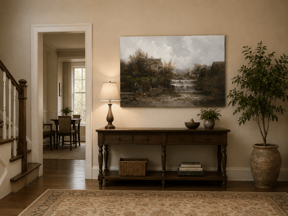 Stone cottages and waterfall landscape painting shown as decorative oil wall art.