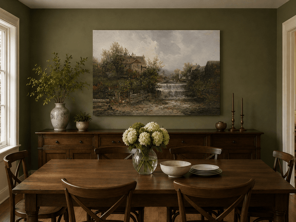 Hand-painted rural village and stone cottages landscape artwork in an interior display.