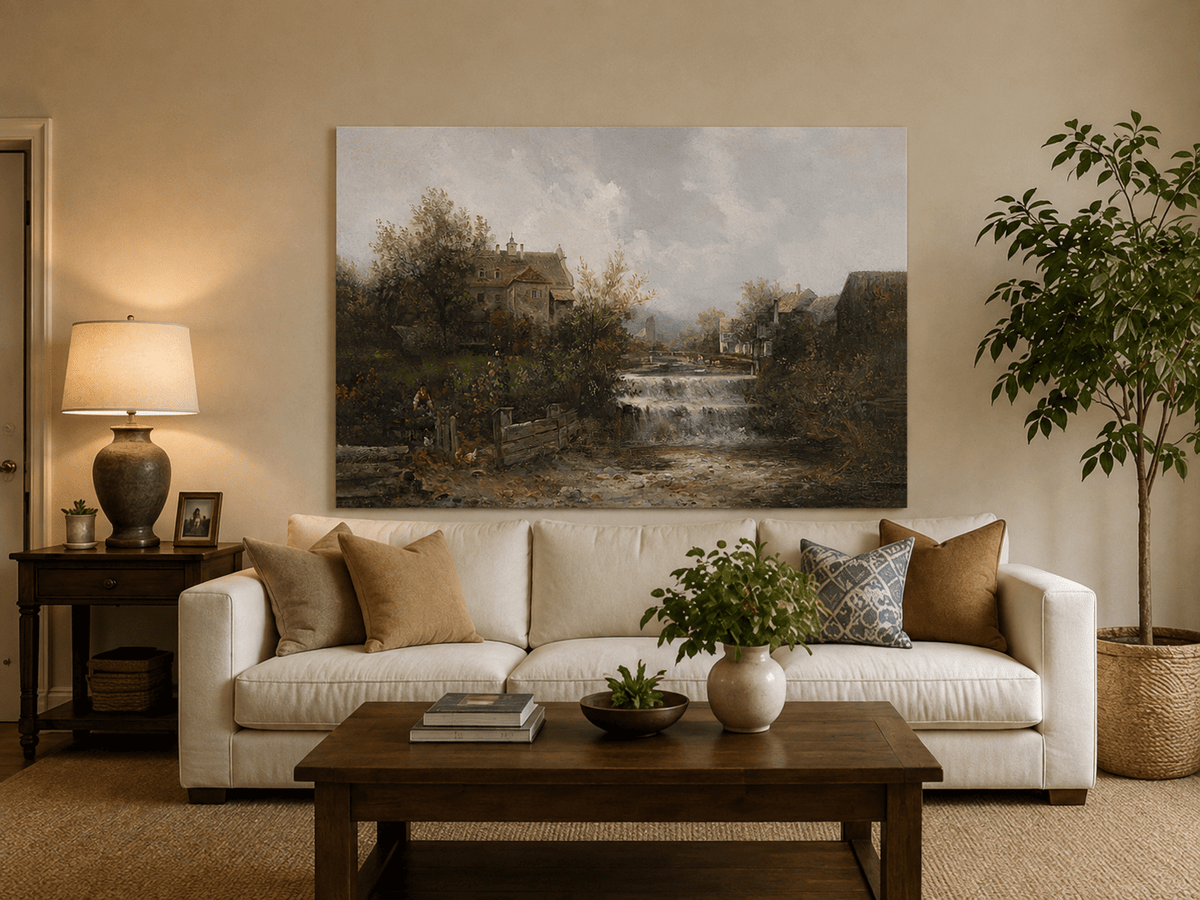 Rural village and stream hand-painted oil artwork displayed in a second interior view.