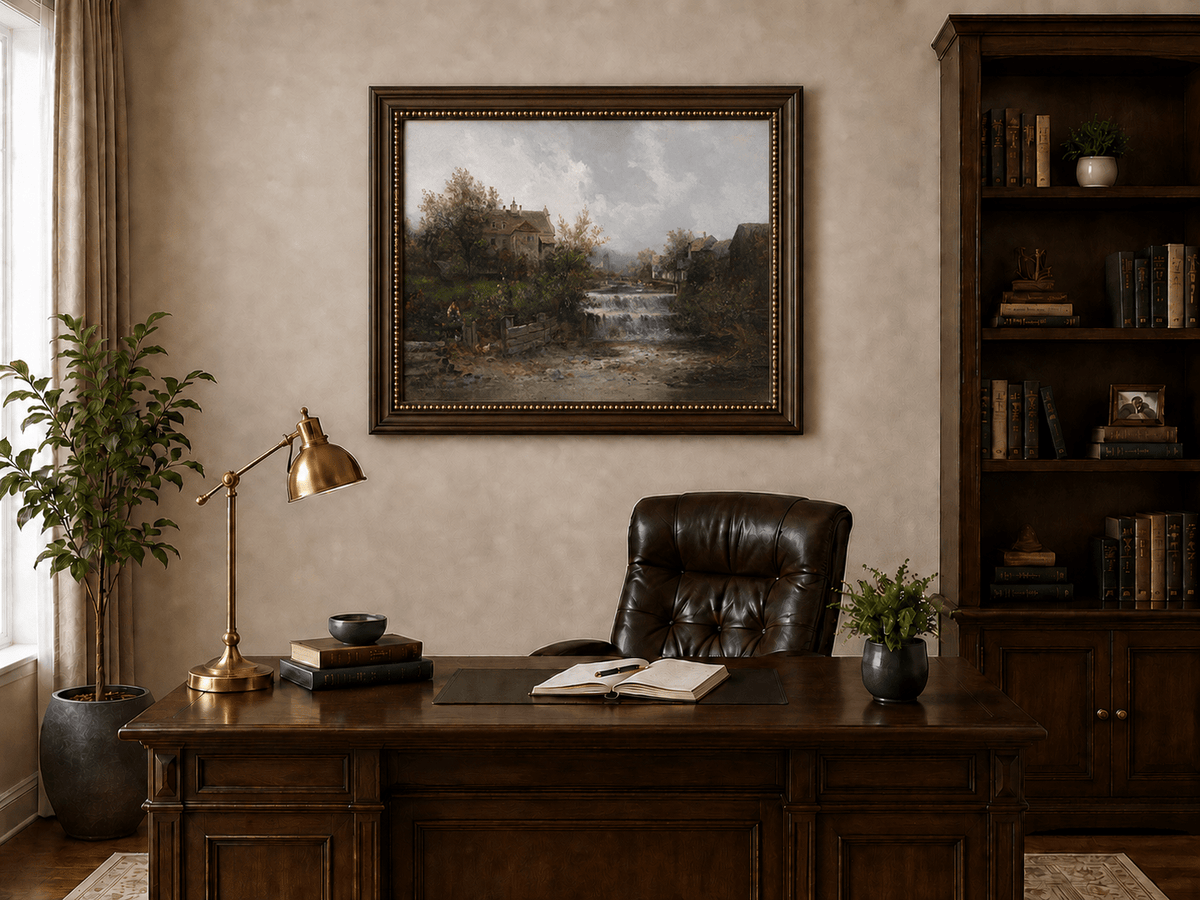 Rural village with stream and waterfall landscape oil painting presented in an interior wall art mockup.