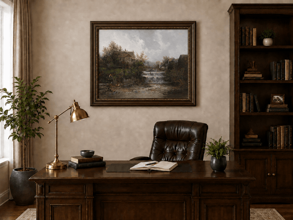 Rural village with stream and waterfall landscape oil painting presented in an interior wall art mockup.