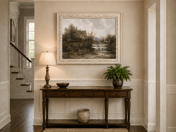 Rural village, waterfall and stone cottages hand-painted oil artwork shown as home wall decor.