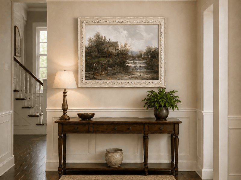 Rural village, waterfall and stone cottages hand-painted oil artwork shown as home wall decor.