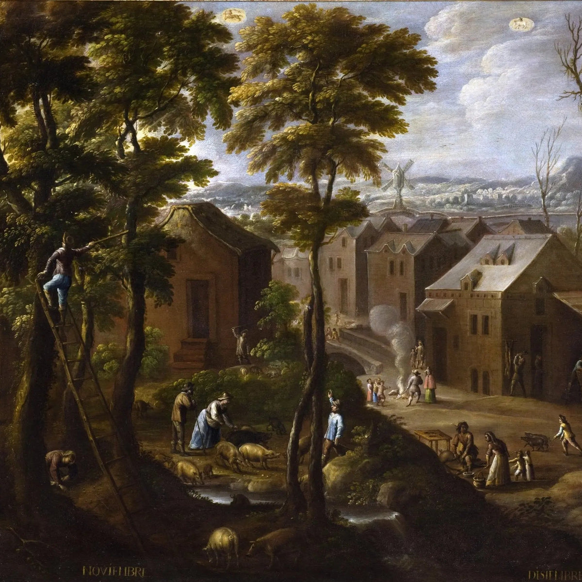 Landscape Oil Painting - Rural Village with Figures & Animals - Oil Painting Haven