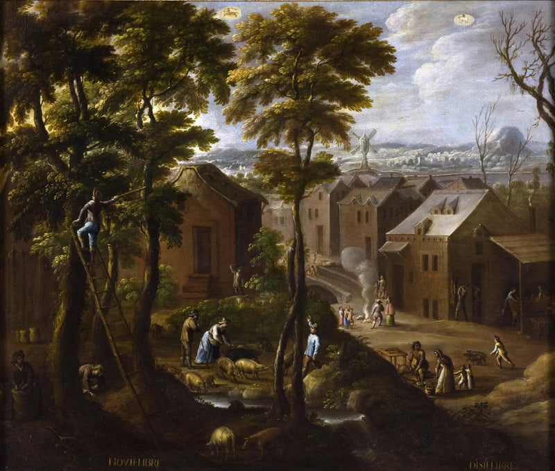 Landscape Oil Painting - Rural Village with Figures & Animals - Oil Painting Haven