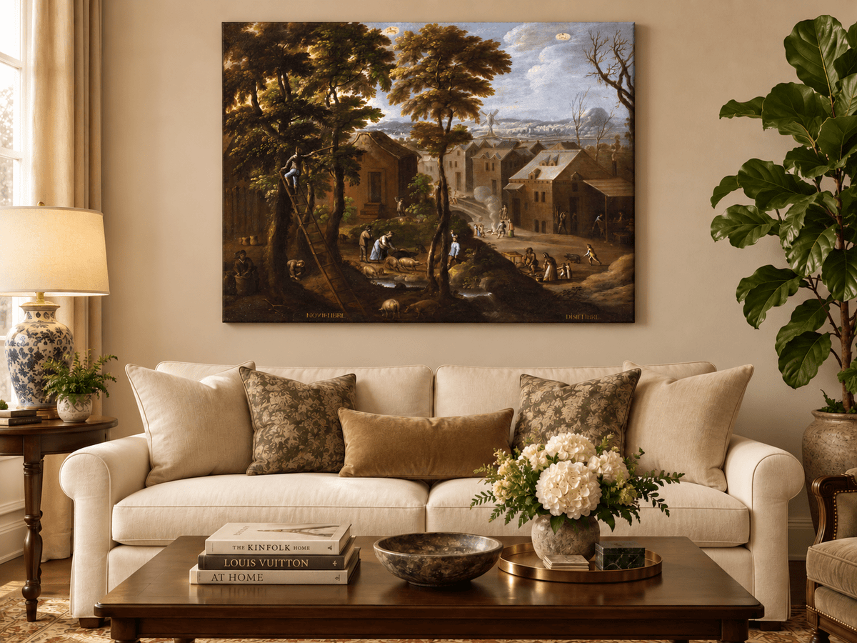 Peinture à l'huile de paysage - Village rural avec personnages et animaux