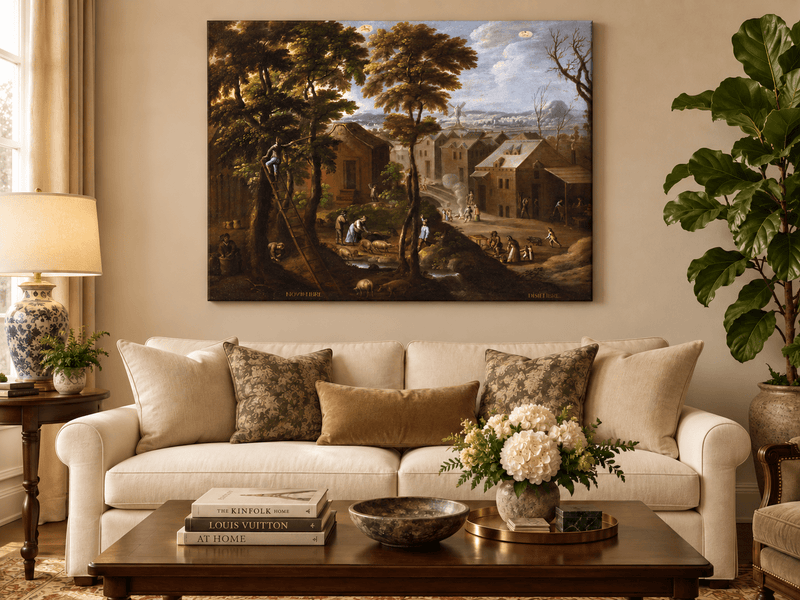 Peinture à l'huile de paysage - Village rural avec personnages et animaux