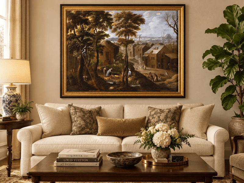 Peinture à l'huile de paysage - Village rural avec personnages et animaux