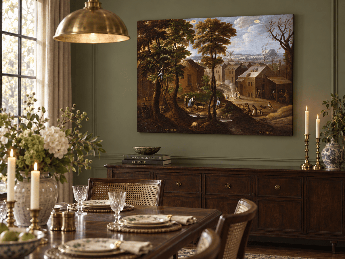 Peinture à l'huile de paysage - Village rural avec personnages et animaux