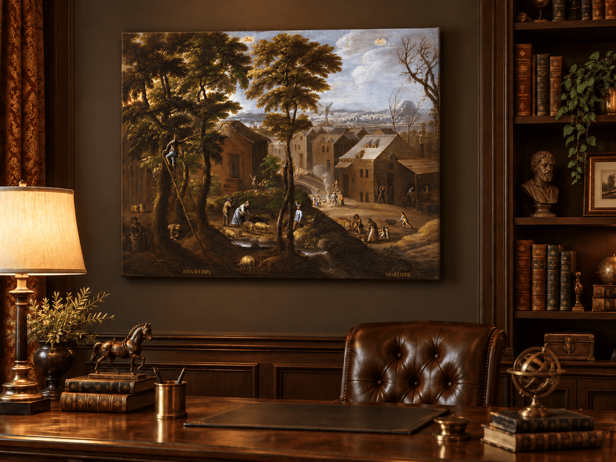 Peinture à l'huile de paysage - Village rural avec personnages et animaux