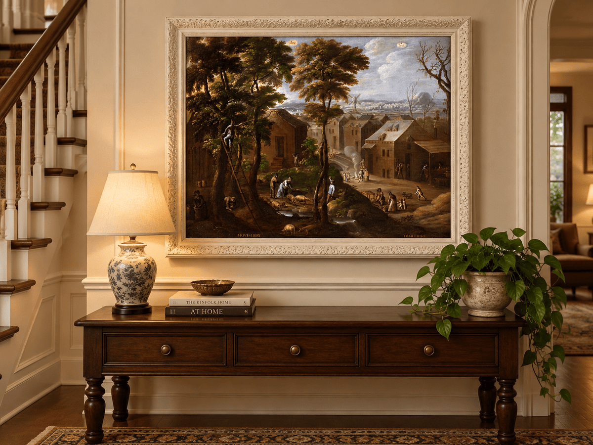 Peinture à l'huile de paysage - Village rural avec personnages et animaux