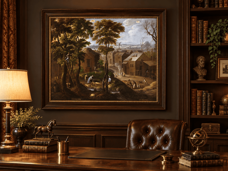 Peinture à l'huile de paysage - Village rural avec personnages et animaux