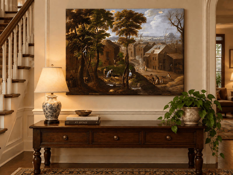 Peinture à l'huile de paysage - Village rural avec personnages et animaux