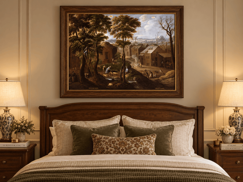 Peinture à l'huile de paysage - Village rural avec personnages et animaux