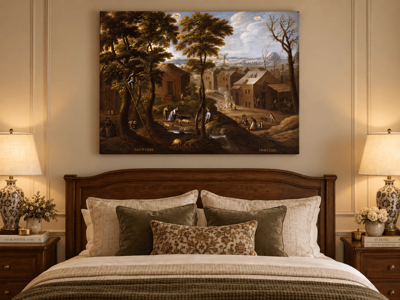 Peinture à l'huile de paysage - Village rural avec personnages et animaux
