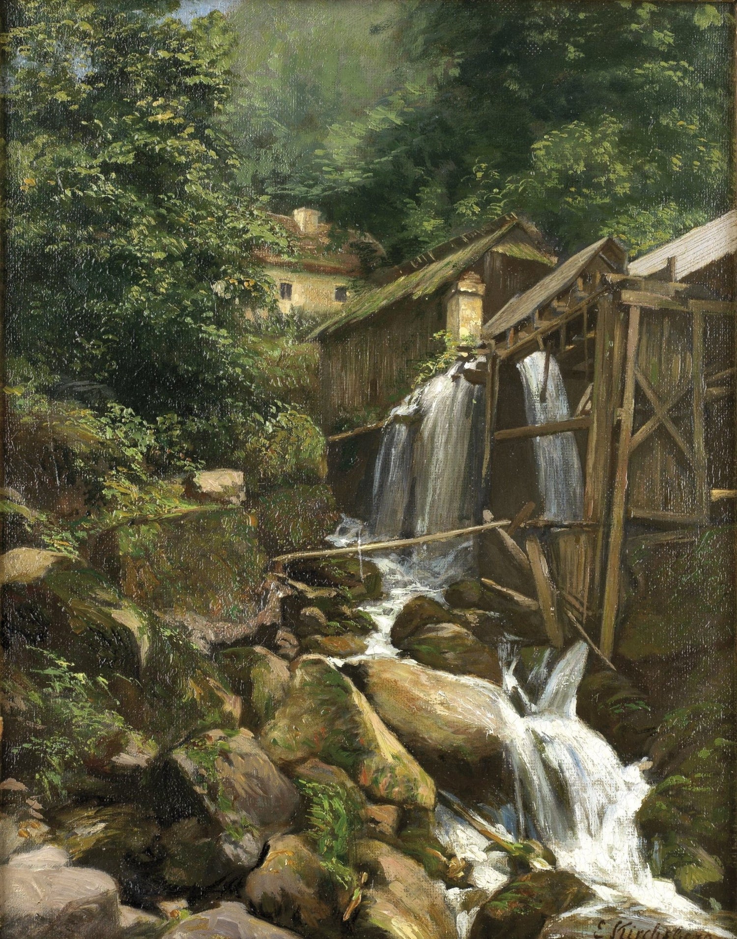 Landscape Oil Painting - Rural Water Mill, Waterfall, Stream, Cottages - Oil Painting Haven