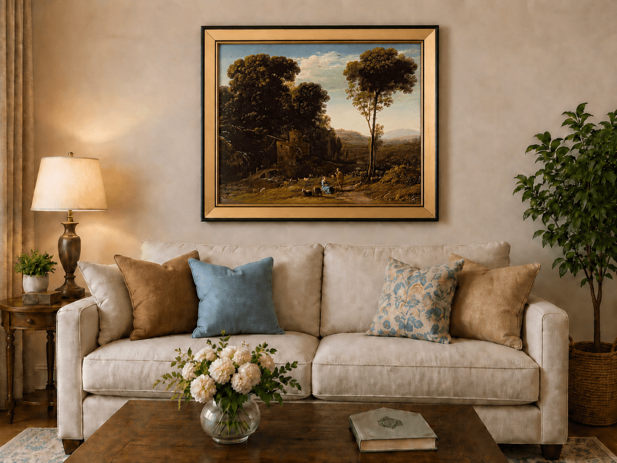 Landscape Oil Painting - Rural Watermill, Figures & Livestock