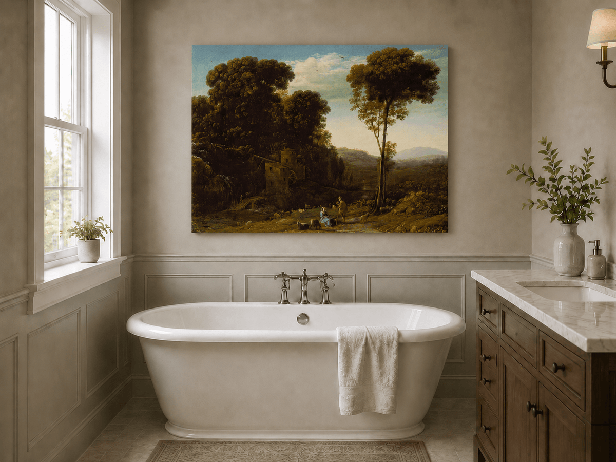 Landscape Oil Painting - Rural Watermill, Figures & Livestock