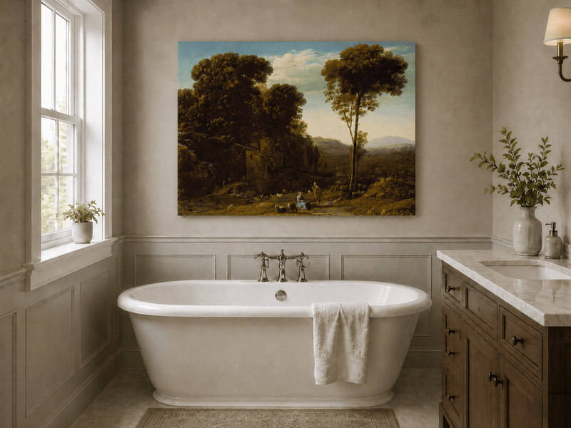 Landscape Oil Painting - Rural Watermill, Figures & Livestock