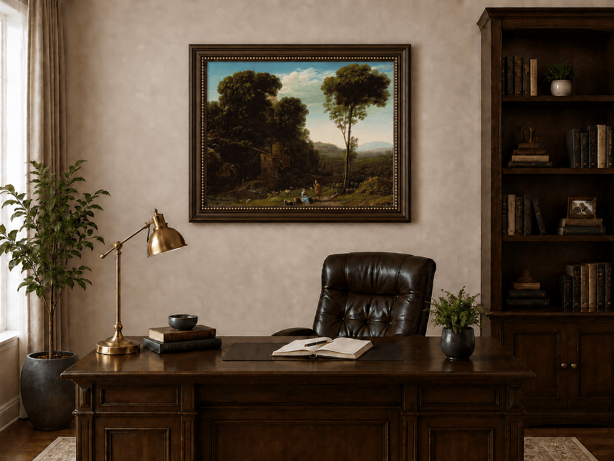 Landscape Oil Painting - Rural Watermill, Figures & Livestock