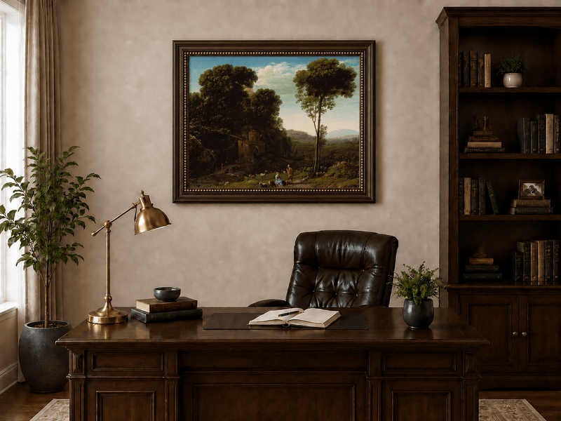 Landscape Oil Painting - Rural Watermill, Figures & Livestock