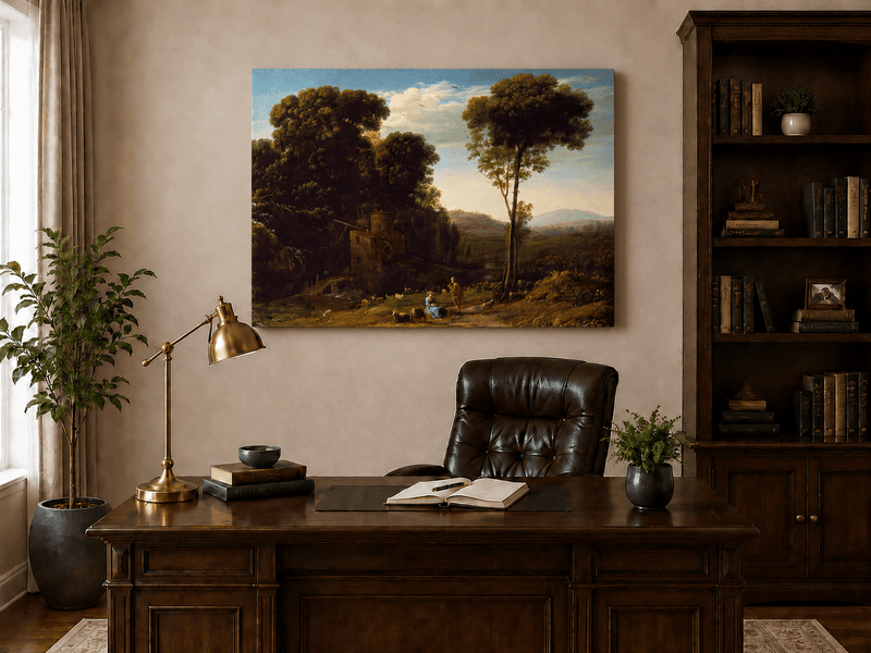 Landscape Oil Painting - Rural Watermill, Figures & Livestock