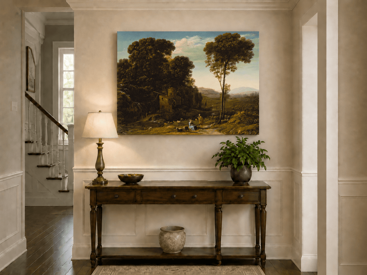 Landscape Oil Painting - Rural Watermill, Figures & Livestock