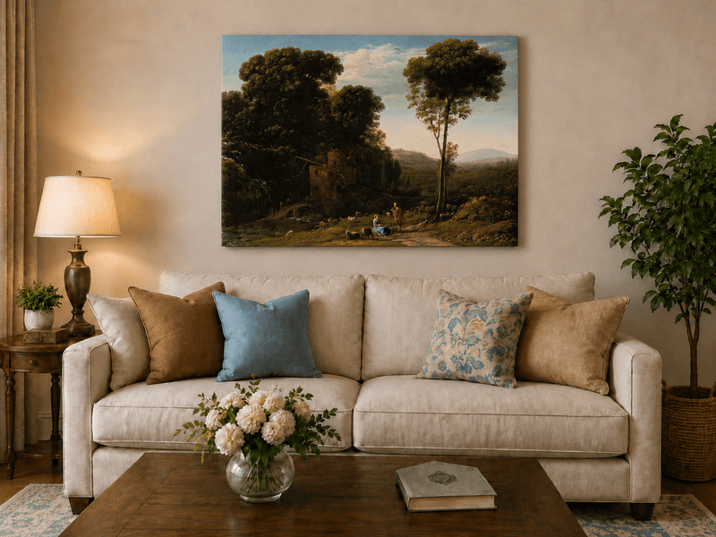 Landscape Oil Painting - Rural Watermill, Figures & Livestock
