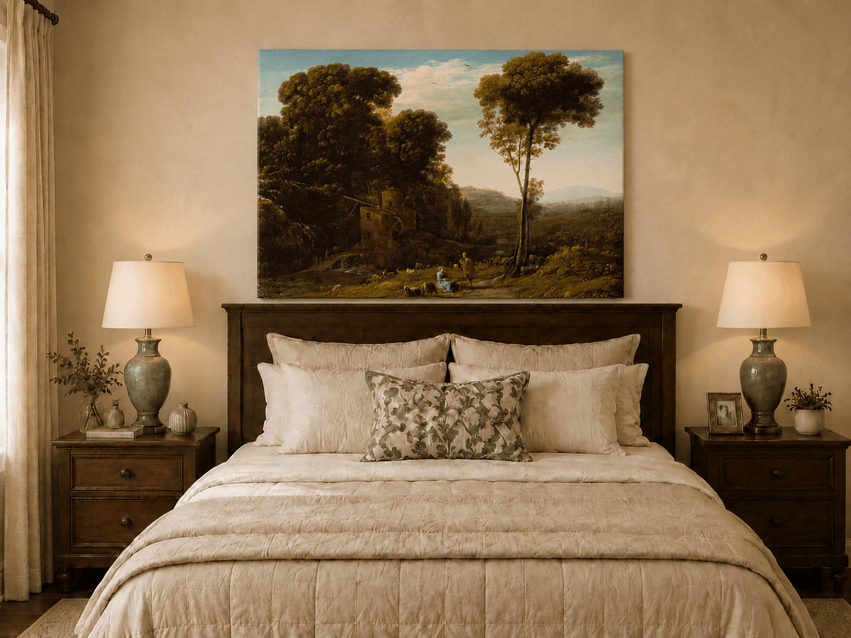 Landscape Oil Painting - Rural Watermill, Figures & Livestock