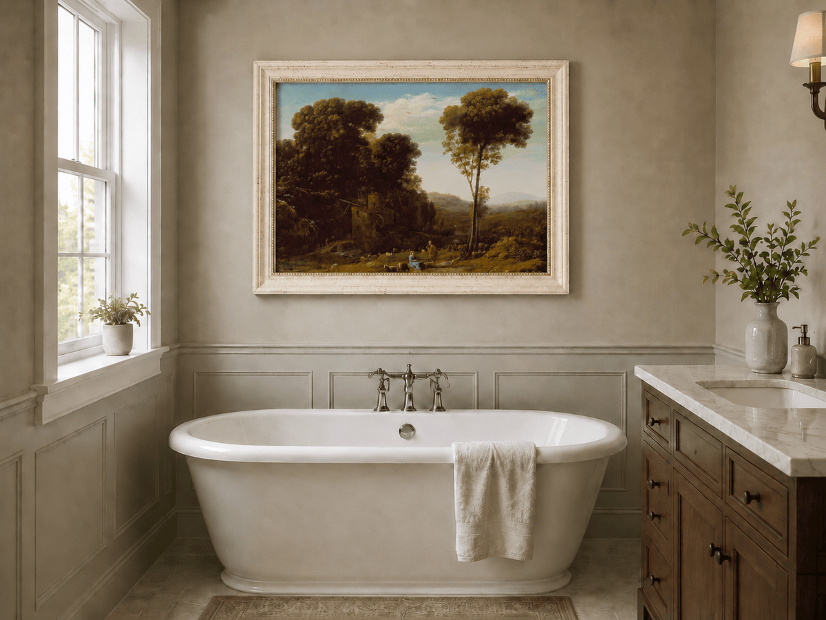 Landscape Oil Painting - Rural Watermill, Figures & Livestock