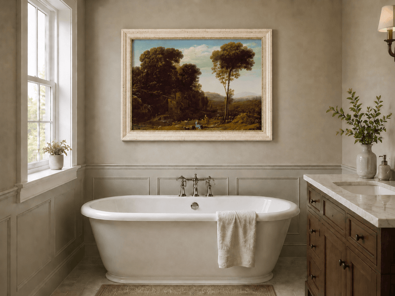 Landscape Oil Painting - Rural Watermill, Figures & Livestock