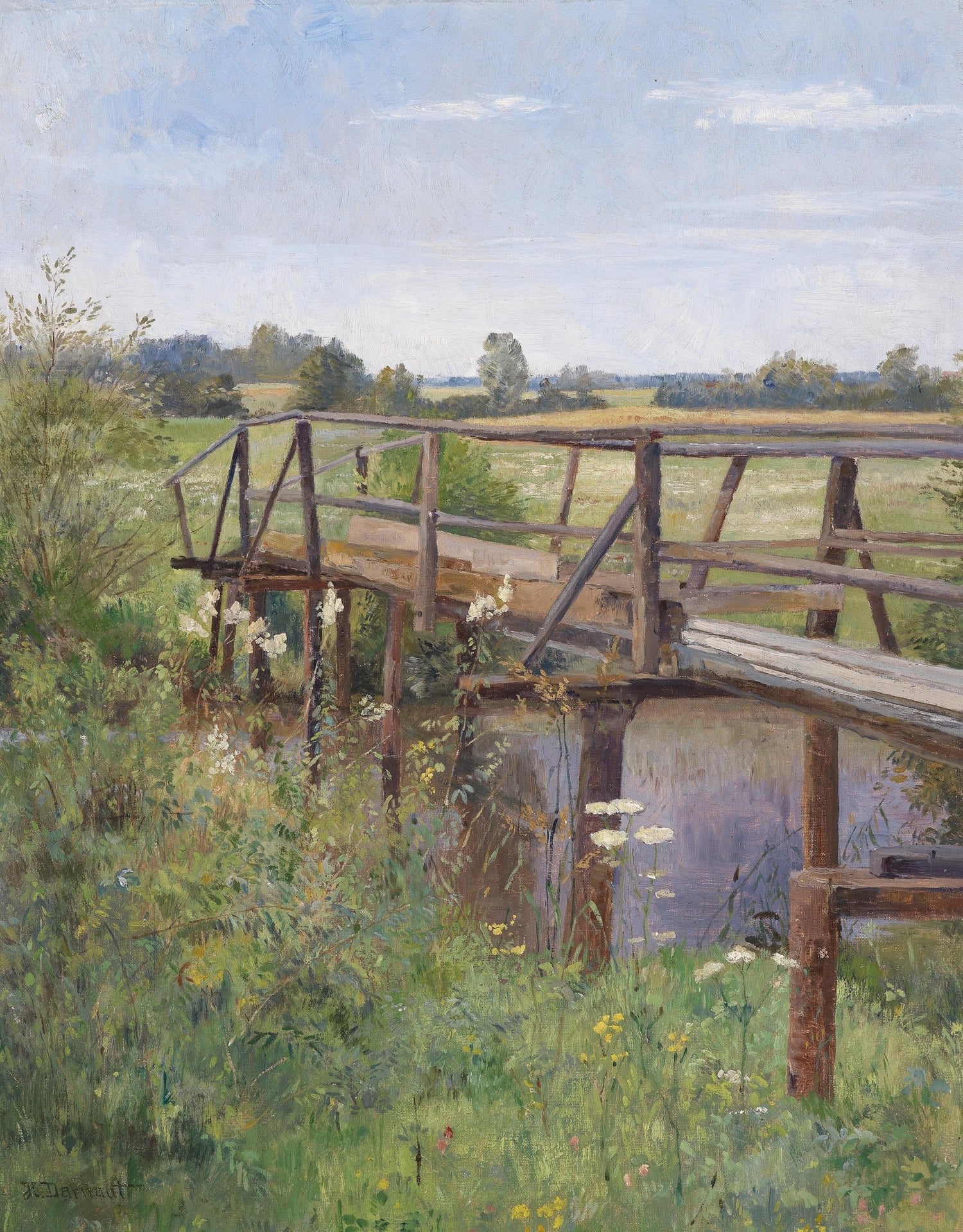 Landscape Oil Painting - Rural Wooden Bridge: Wildflowers & Country Field - Oil Painting Haven