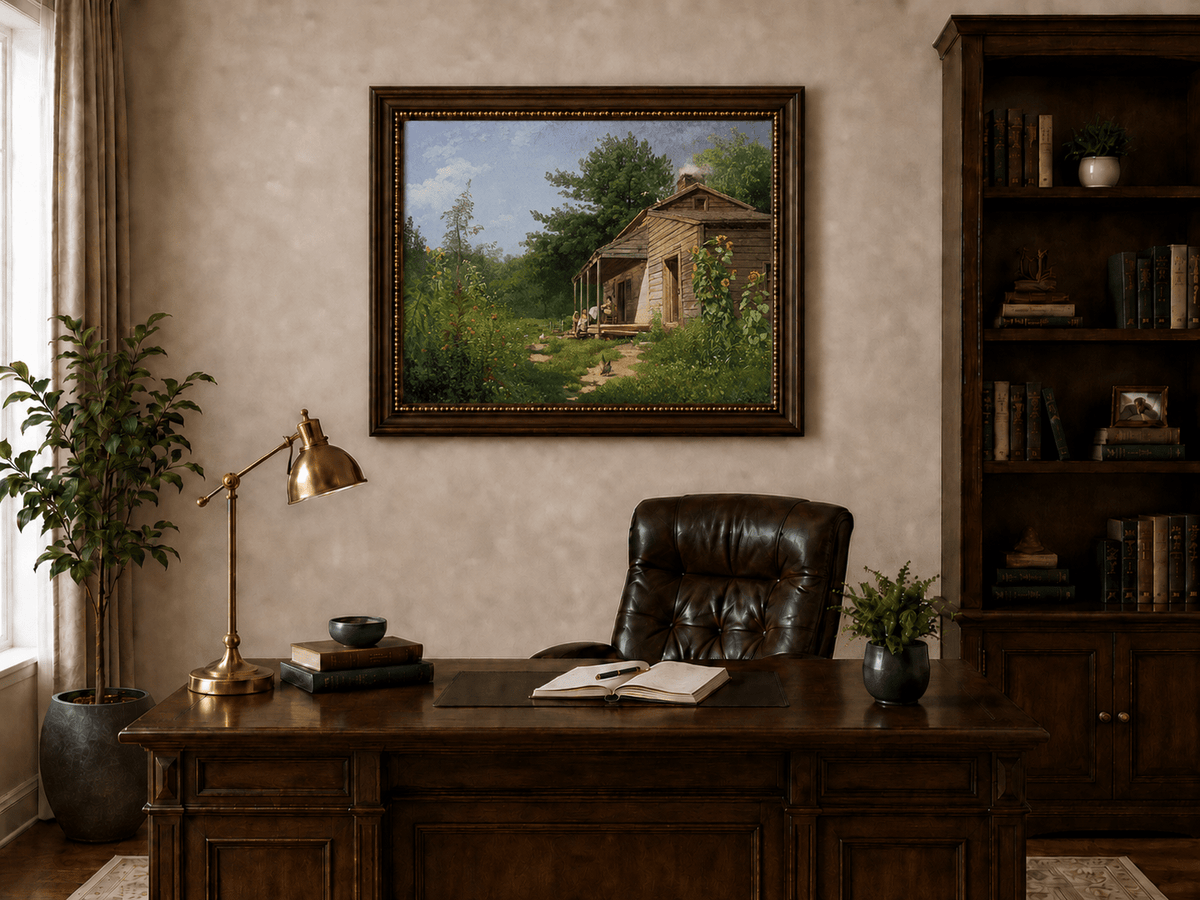Ölgemälde Landschaft – Ländliche Holzveranda