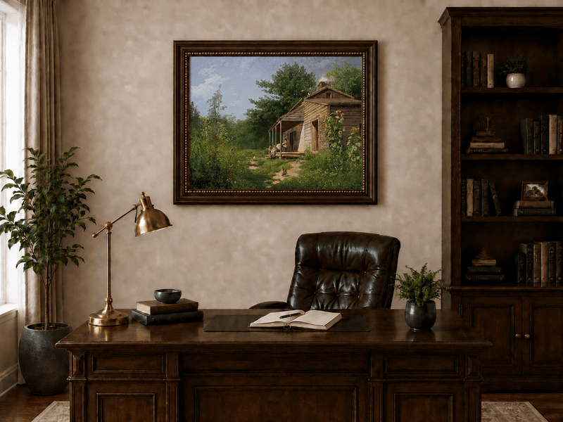 Ölgemälde Landschaft – Ländliche Holzveranda