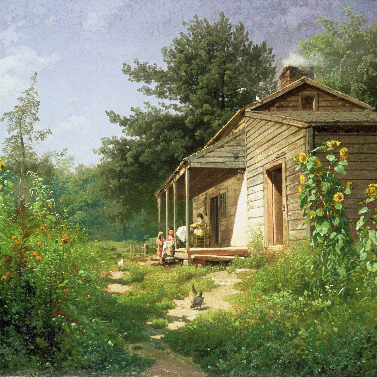 Landscape Oil Painting - Rural Wooden Cottage Porch, Sunflowers, Figures & Poultry - Oil Painting Haven