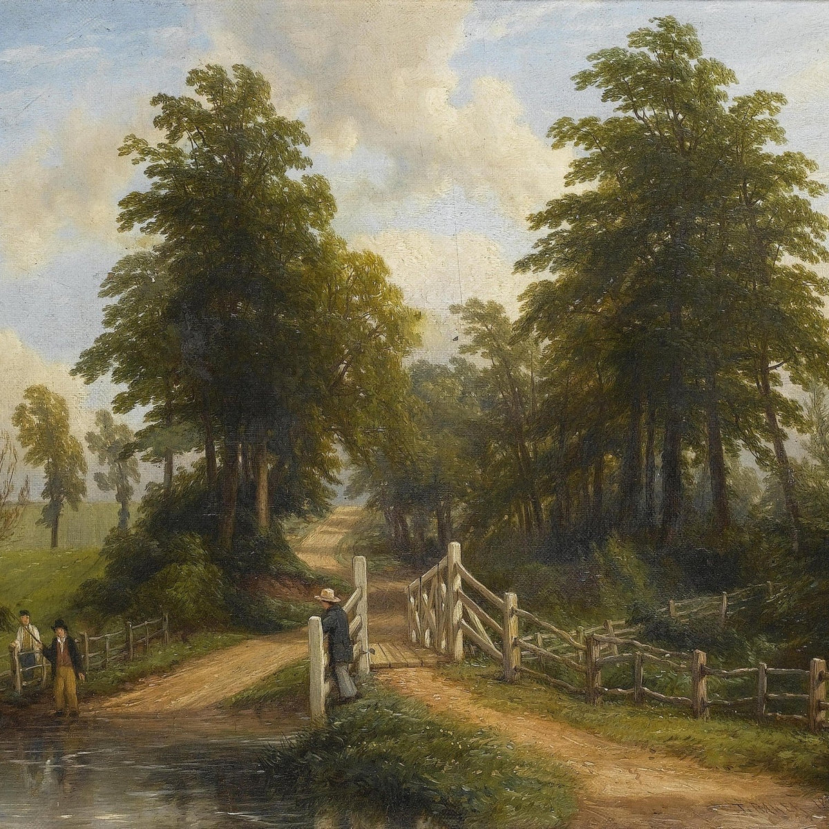 Landscape Oil Painting - Rural woodland path & wooden footbridge - Oil Painting Haven
