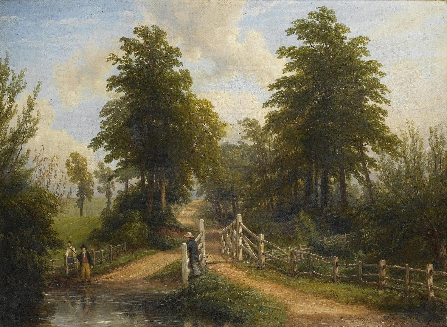 Landscape Oil Painting - Rural woodland path & wooden footbridge - Oil Painting Haven