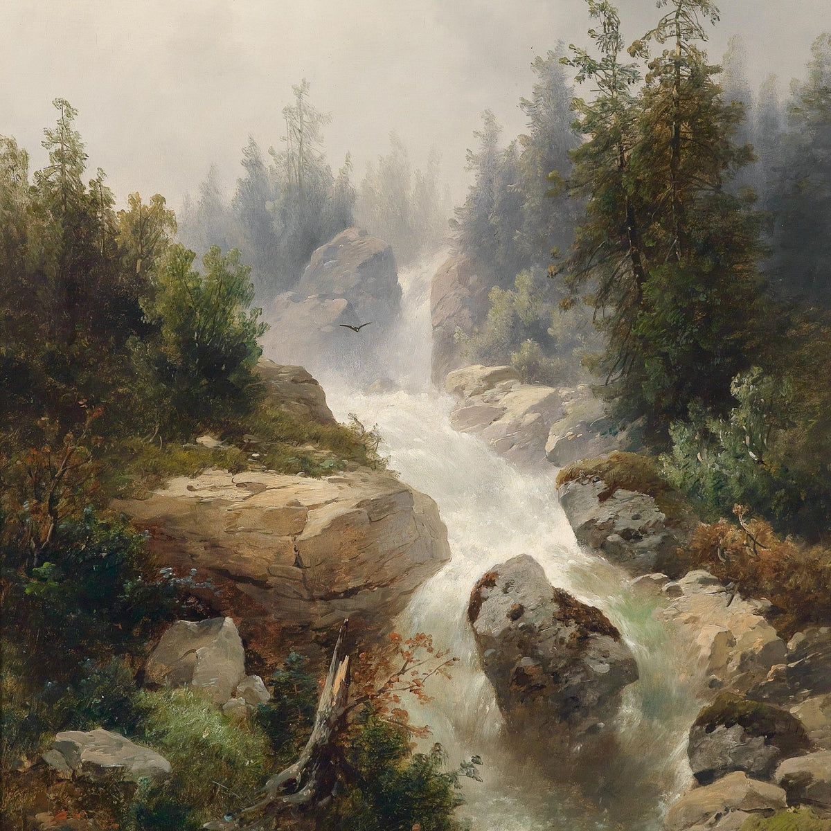 Landscape Oil Painting - Rushing Mountain Stream, Rapids & Misty Woodland - Oil Painting Haven